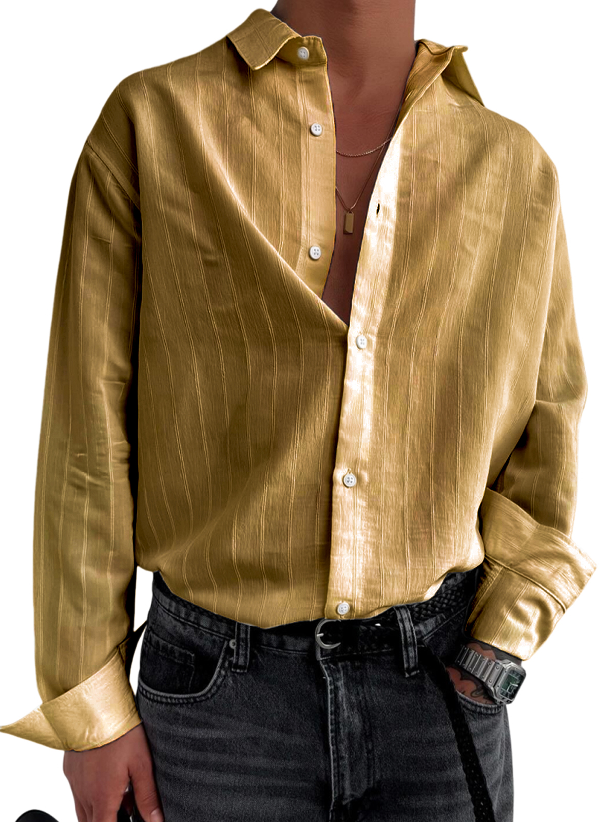 Men's Stylish Striped Textured Casual Long Sleeve Shirt