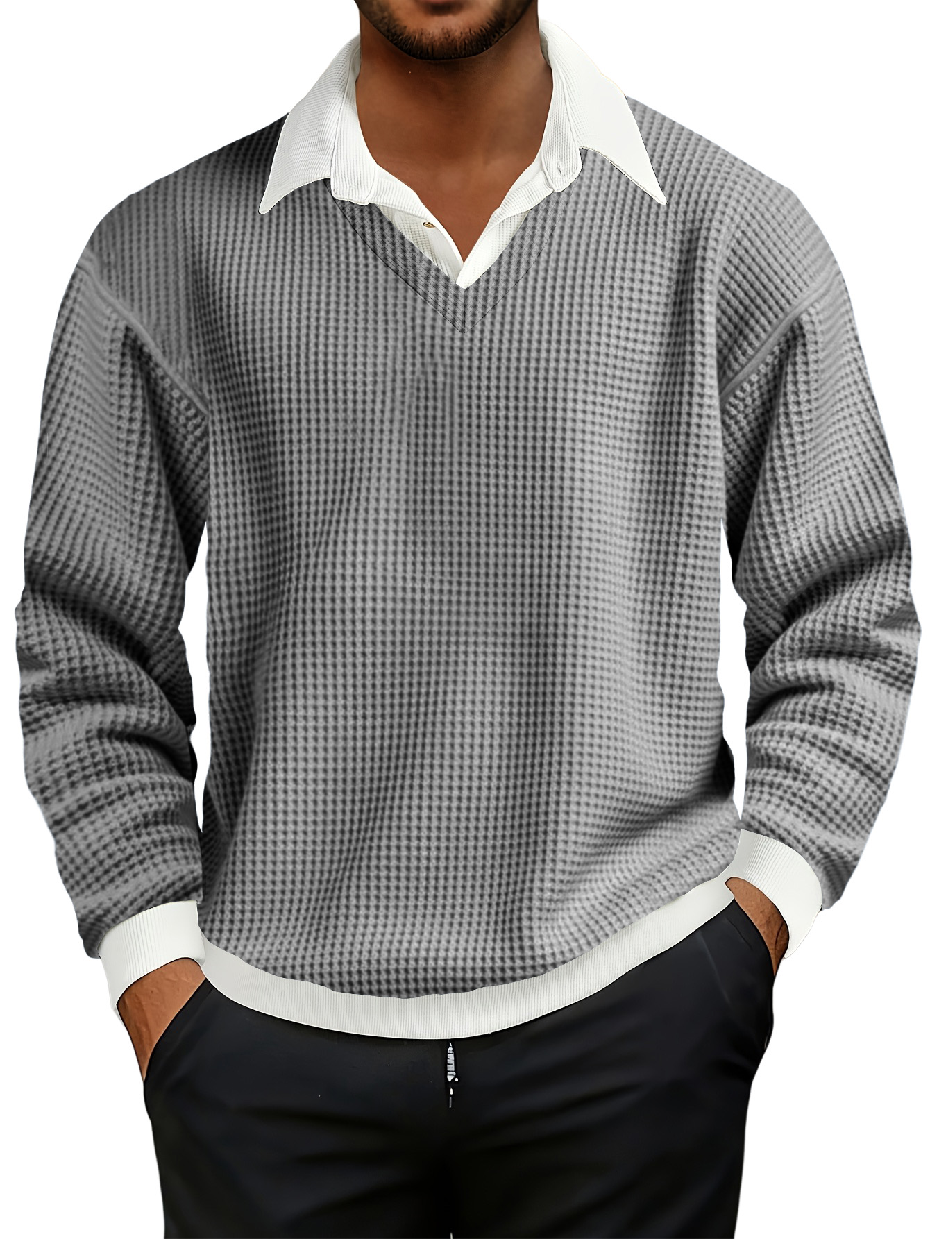 Men's Fashionable Casual Waffle Faux Two-piece Polo Sweatshirt