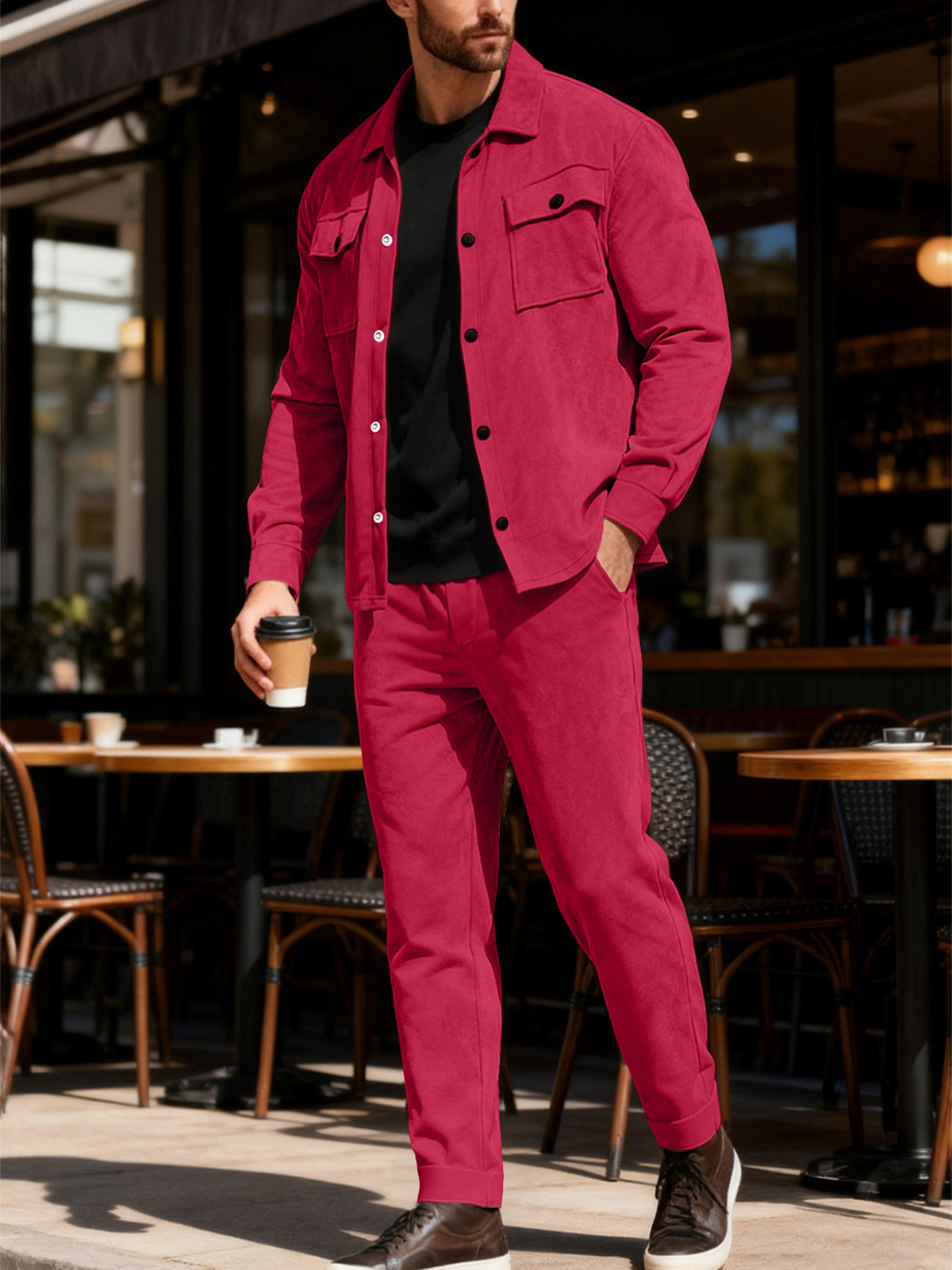 Heavyweight Casual Solid Color Suede Jacket and Trousers Set