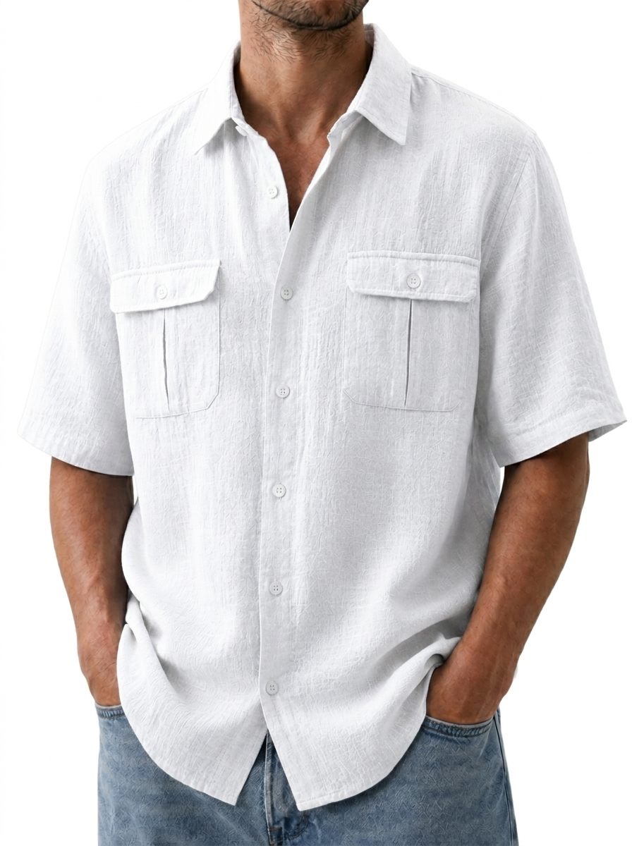 Men's Double Pocket Cotton Linen Casual Short Sleeve Shirt