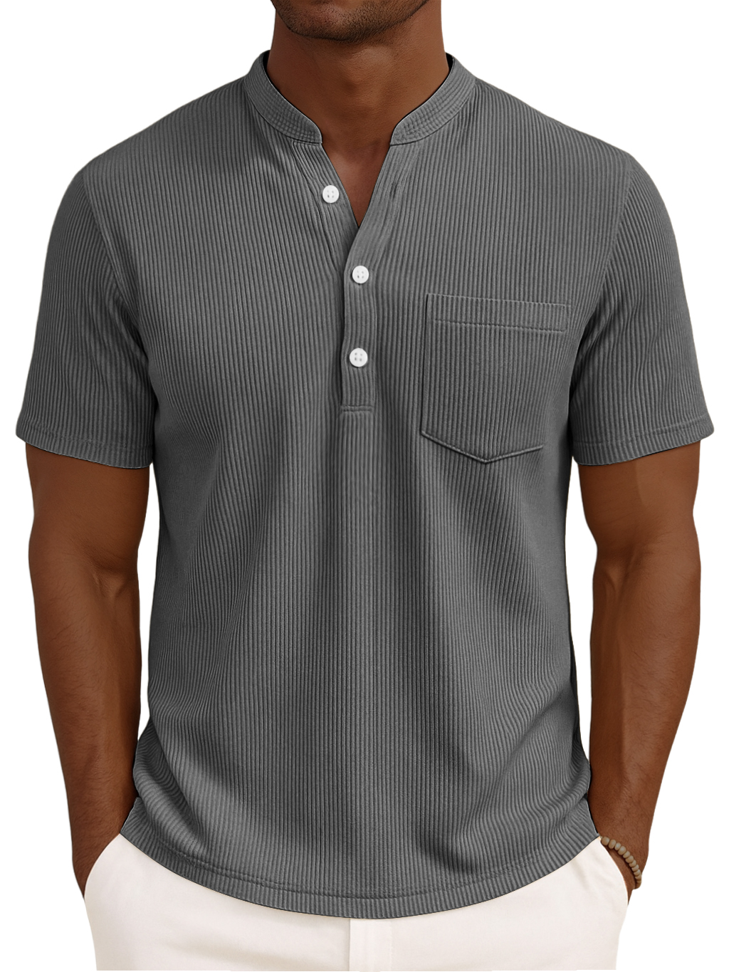 Men's Henley Collar Solid Color Loose And Comfortable Vertical Striped Pocket Short-sleeved Top