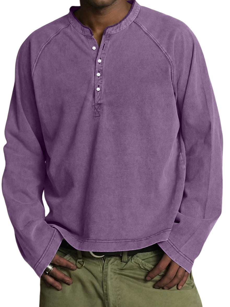 Men's Vintage Washed Cotton Henley Long-Sleeve T-Shirt