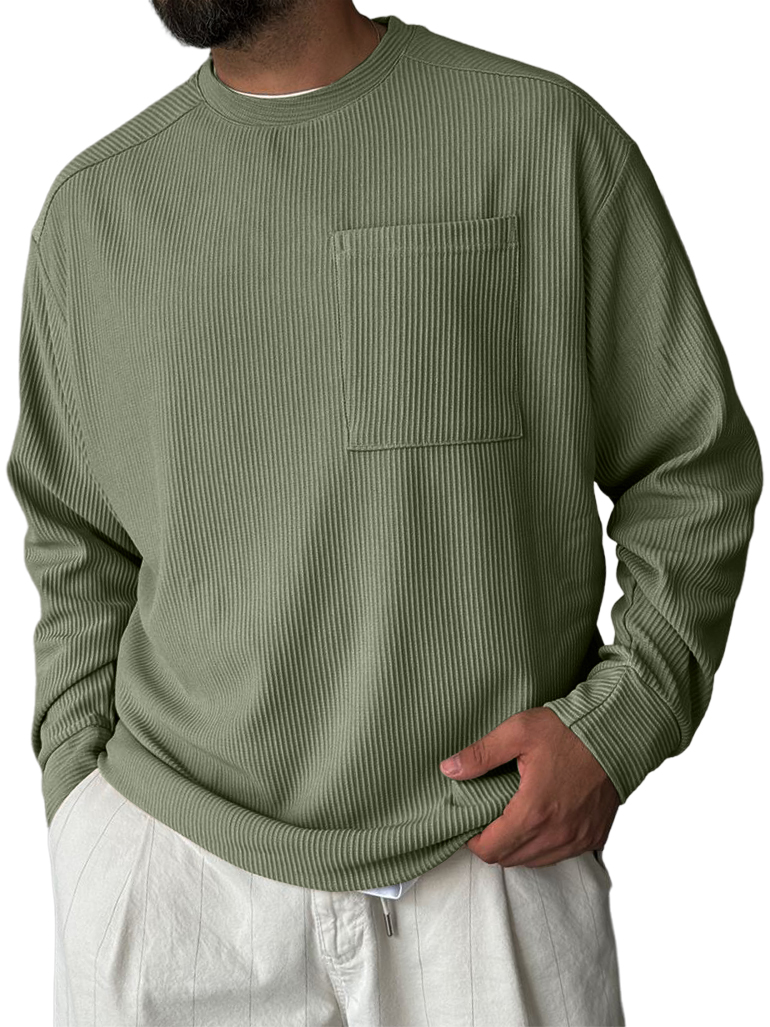 Men's Striped Jacquard Crew Neck Pocket Casual Comfortable Long-sleeved T-shirt