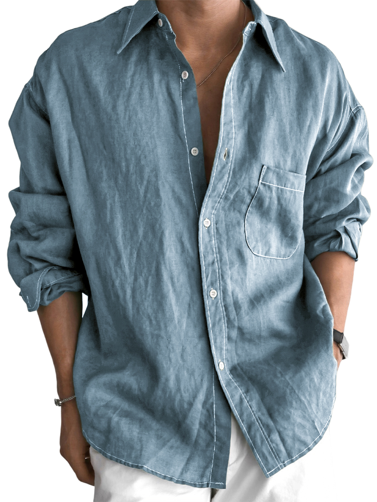 Men's Daily Cotton-linen Urban Casual Long-sleeve Shirt with Chest Pocket