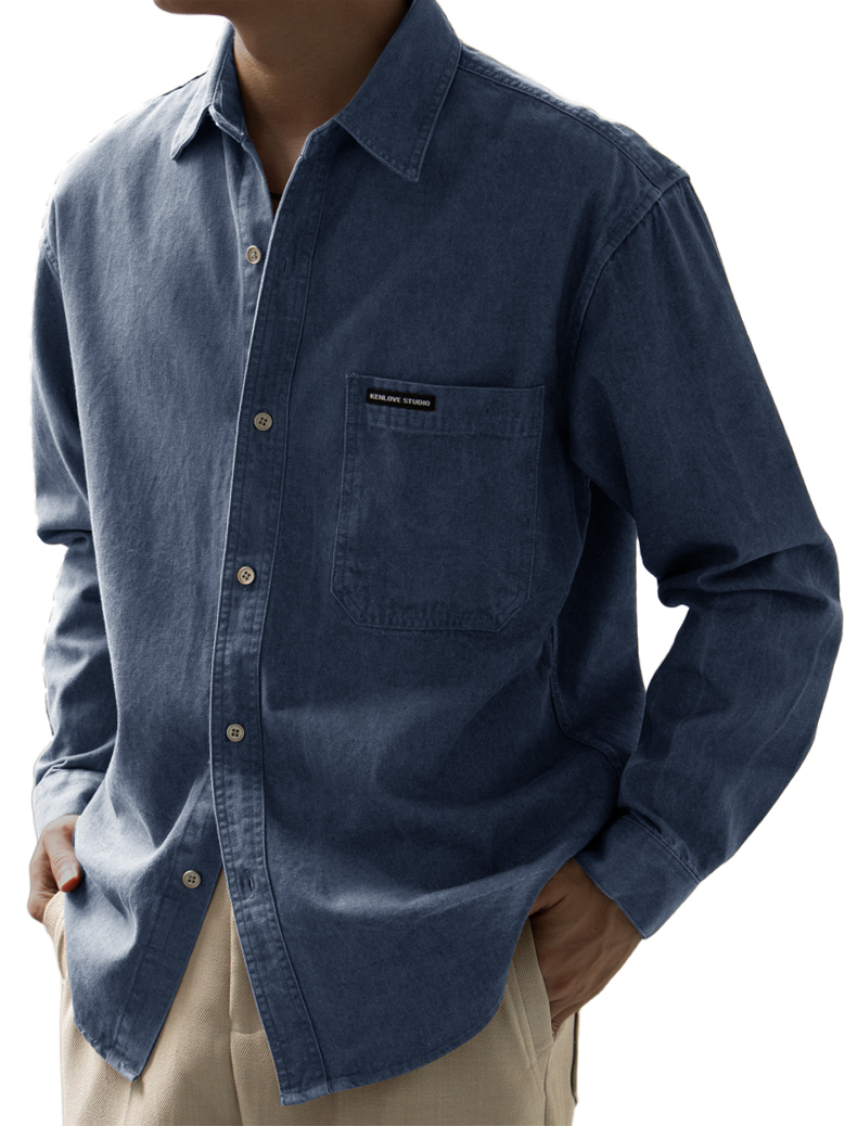 Men's Basic Vintage Washed Pocket Logo Long Sleeve Shirt