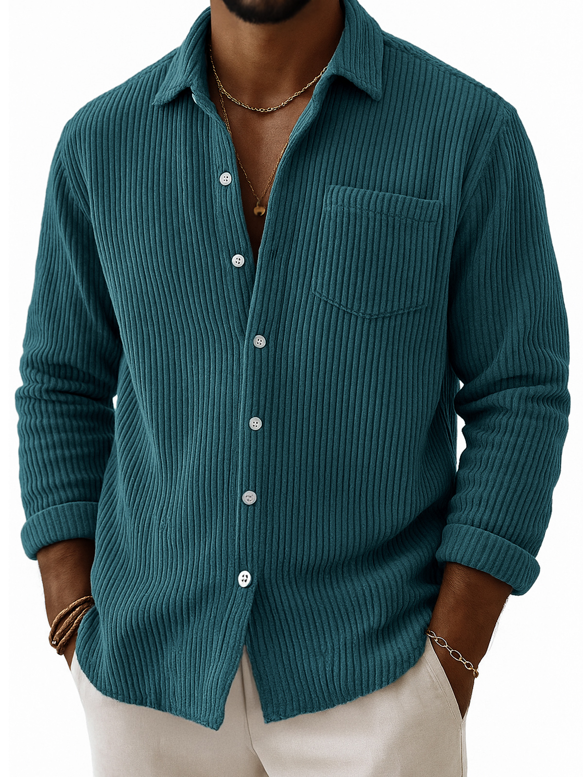 Men's Stylish Corduroy Ribbed Long-Sleeve Shirt with Chest Pocket