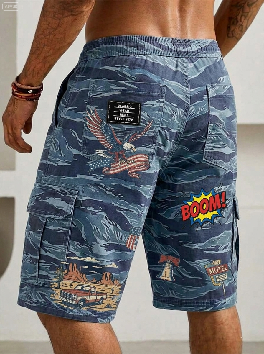 Vintage Camouflage Graffiti Print Cargo Basic Shorts