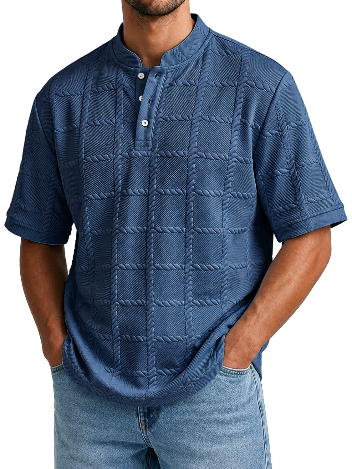 Men's Casual Textured Stand-Collar Button-Front Solid-Color Short-Sleeve Henley Shirt