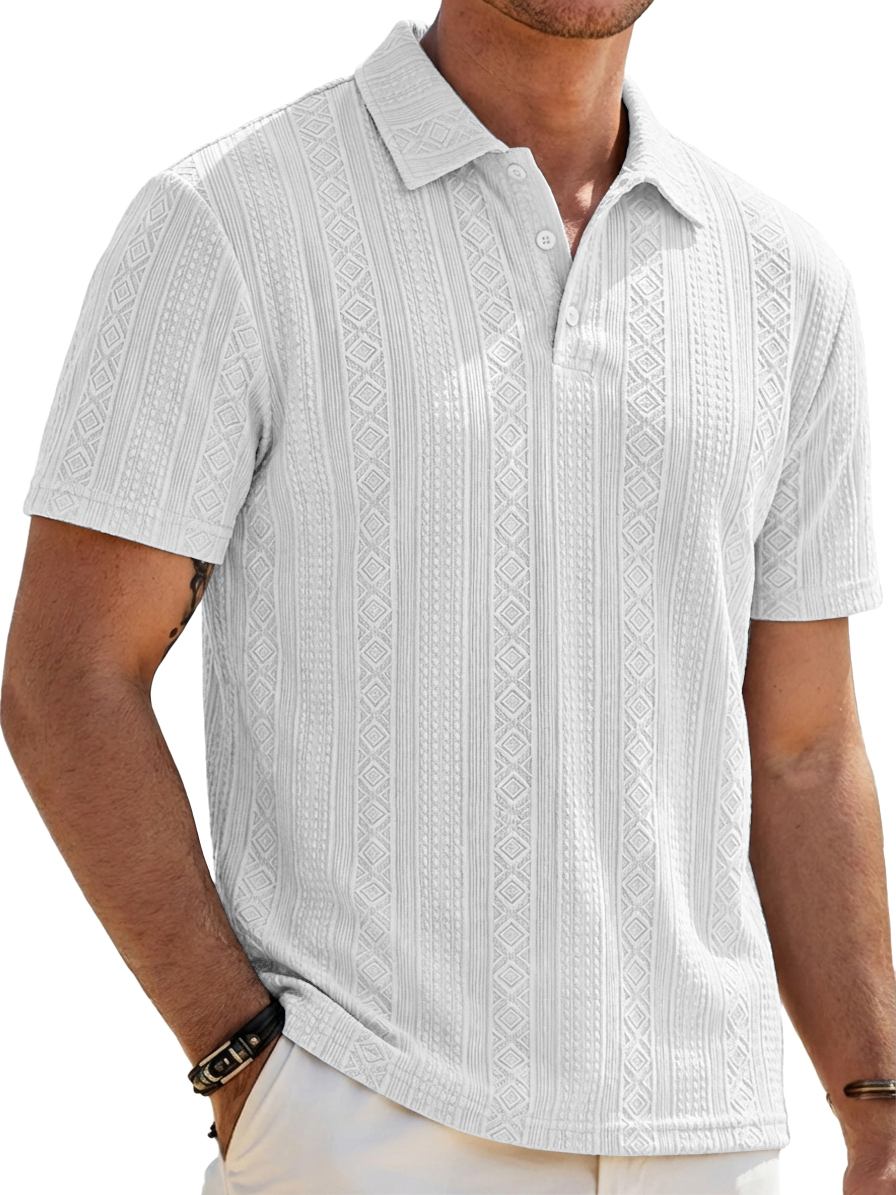 Men's Solid-Color Striped Jacquard Casual Short-Sleeve Polo Shirt