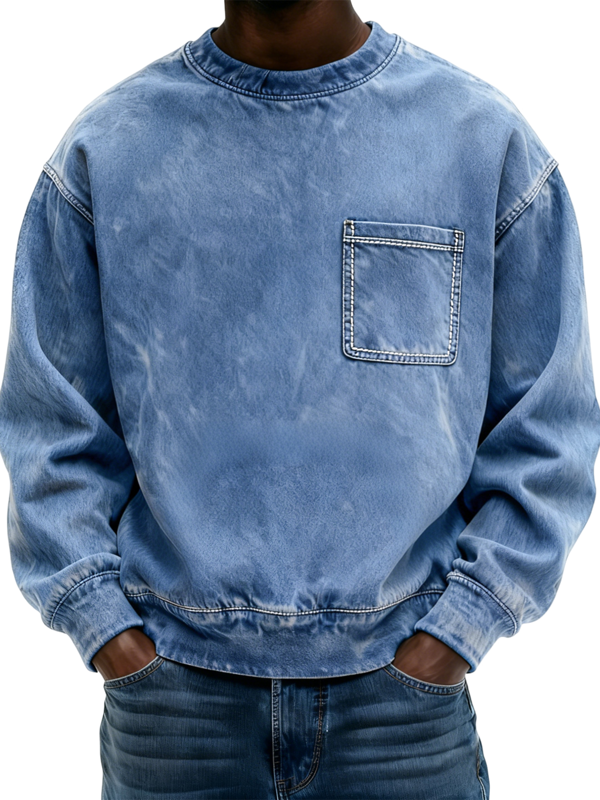 Men's Vintage Distressed Crew Neck Long-sleeved Top with Pockets