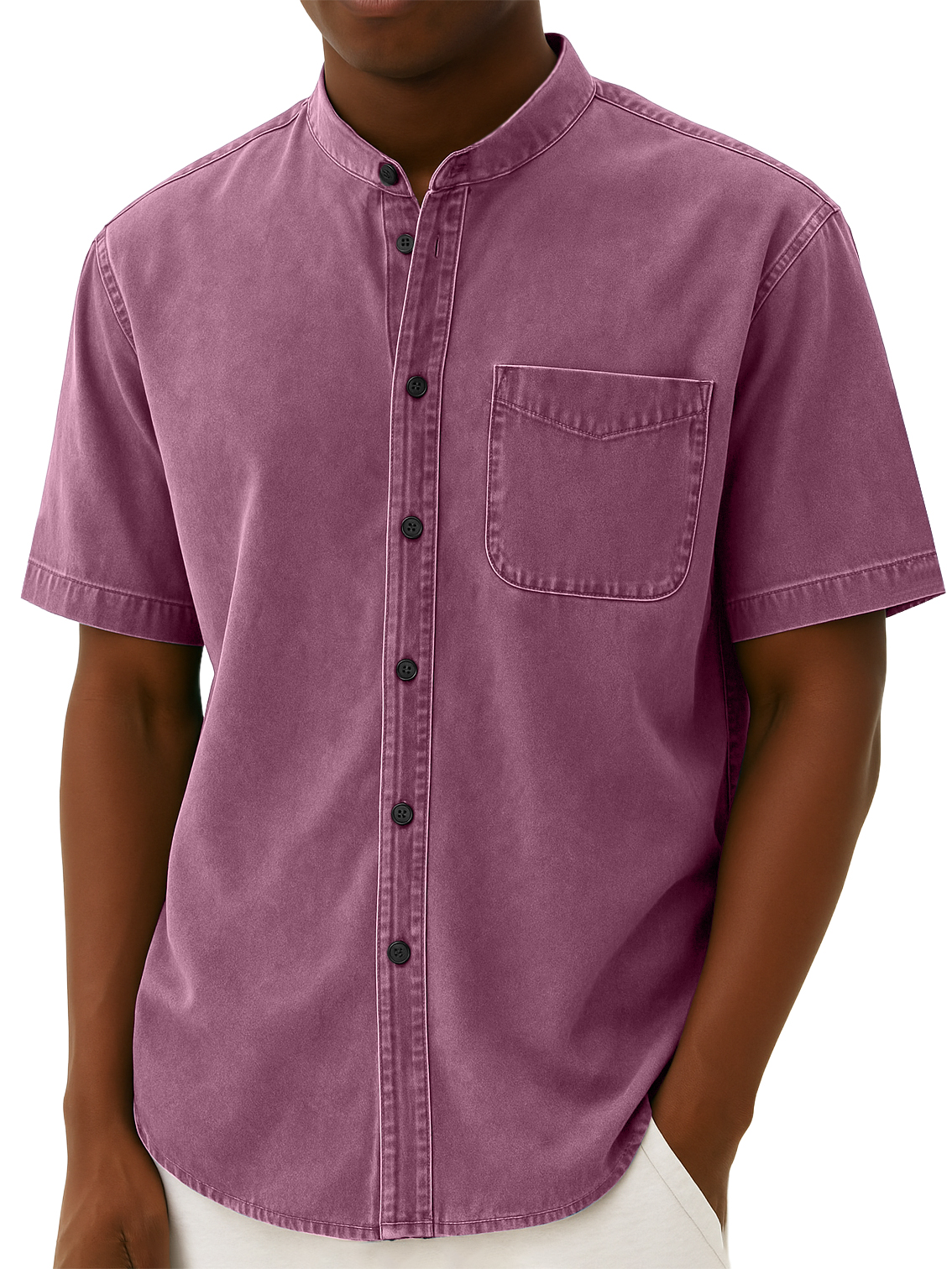 Men's Stylish Retro Distressed Pocket Work Short-sleeved Shirt With Stand-up Collar