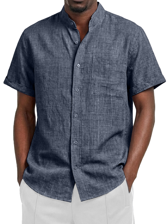 Men's Linen Casual Stand Collar Pocket Short-Sleeve Shirt