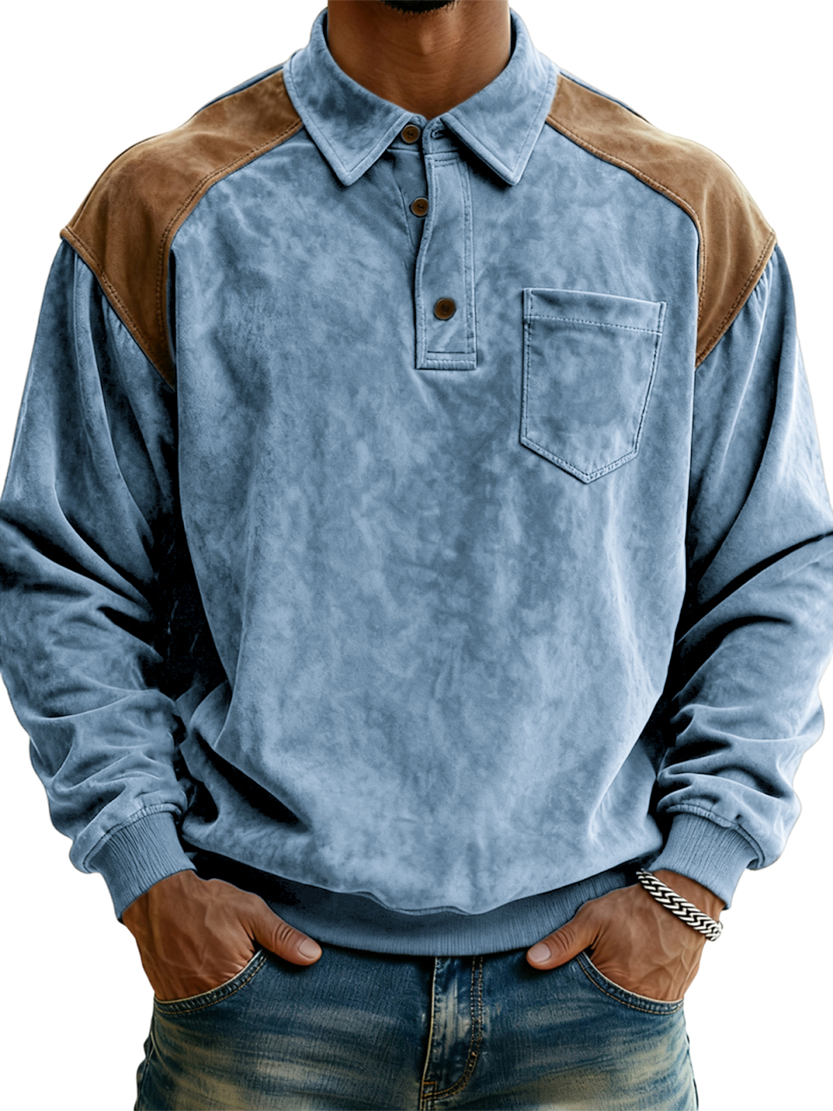 Men's Vintage Polo Sweatshirt with Contrast Suede Shoulders