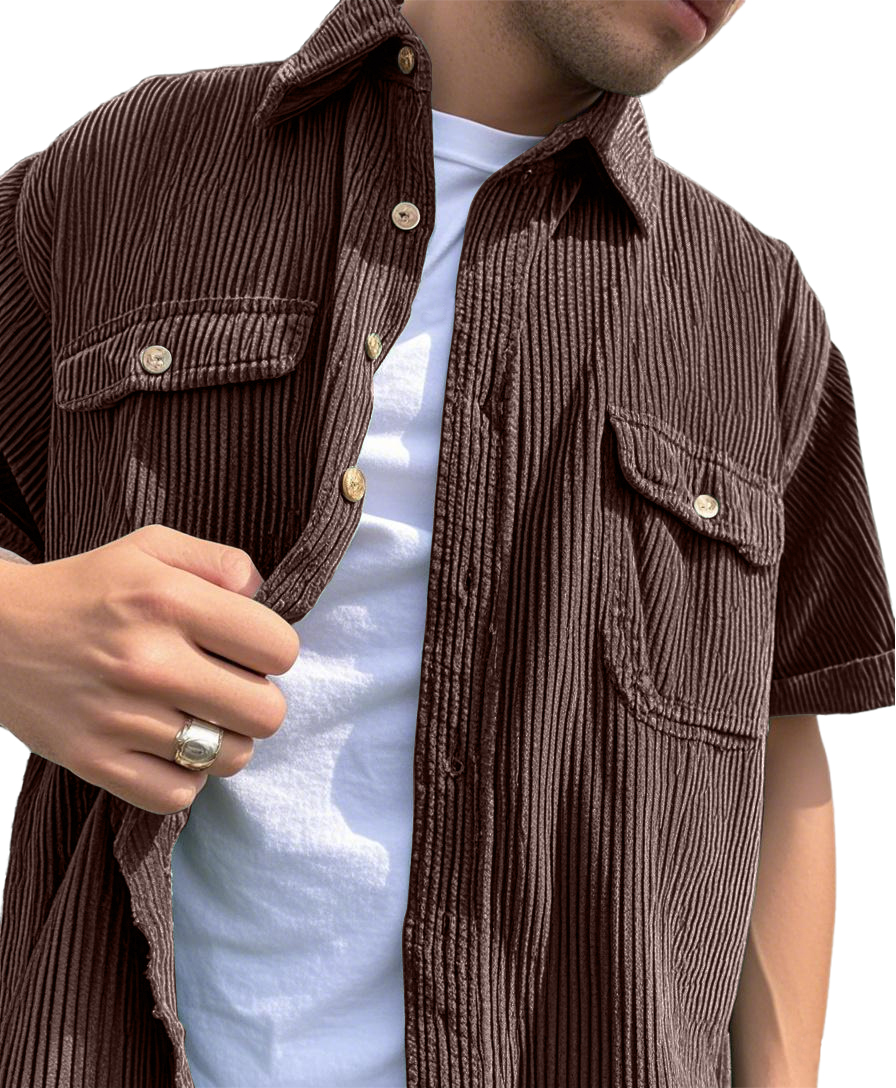 Men's Fashion Double-pocket Retro Corduroy Workwear Casual Short-sleeved Shirt