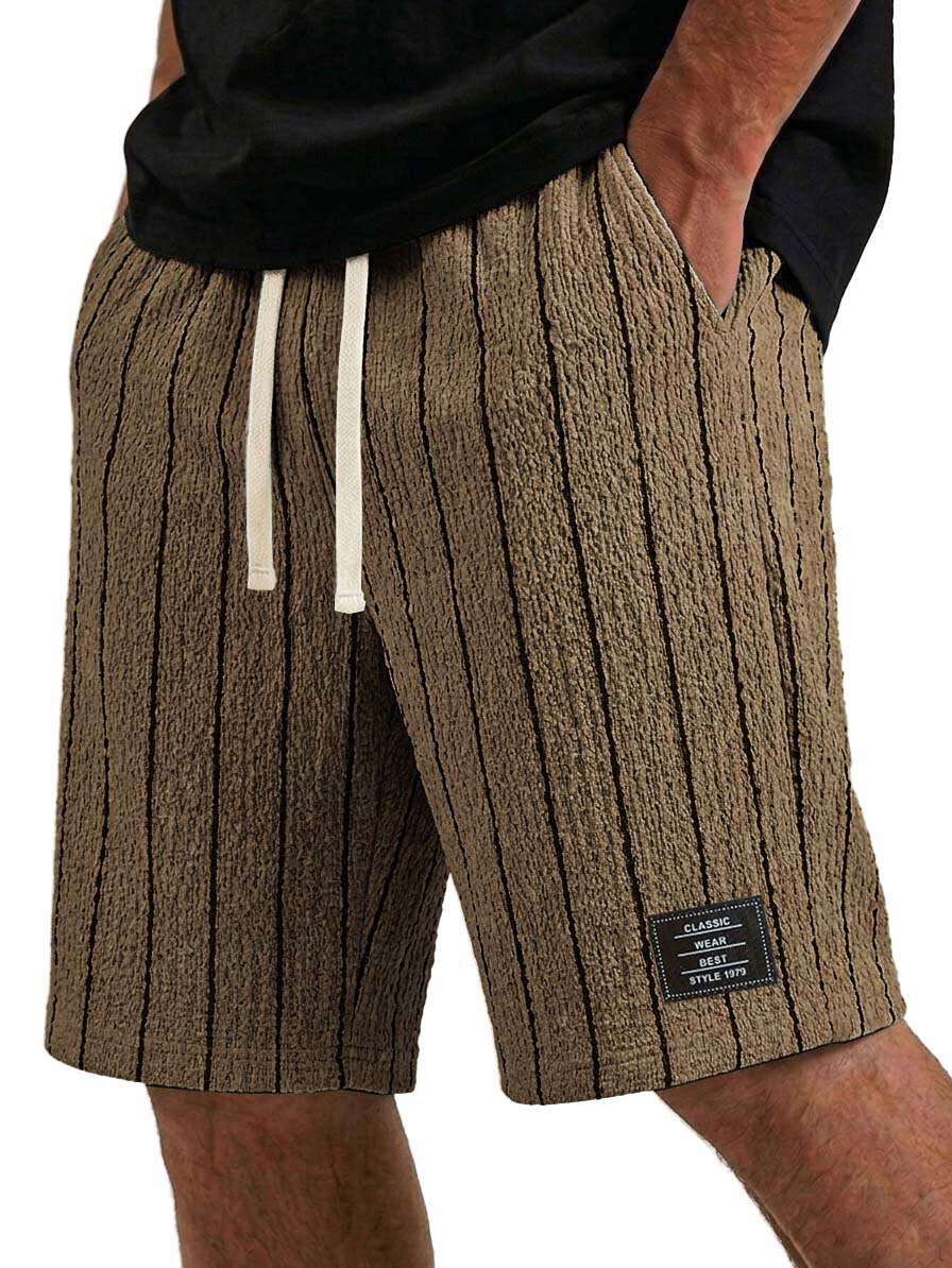 Men's Casual Textured Embroidered Logo Loose Comfort Striped Shorts