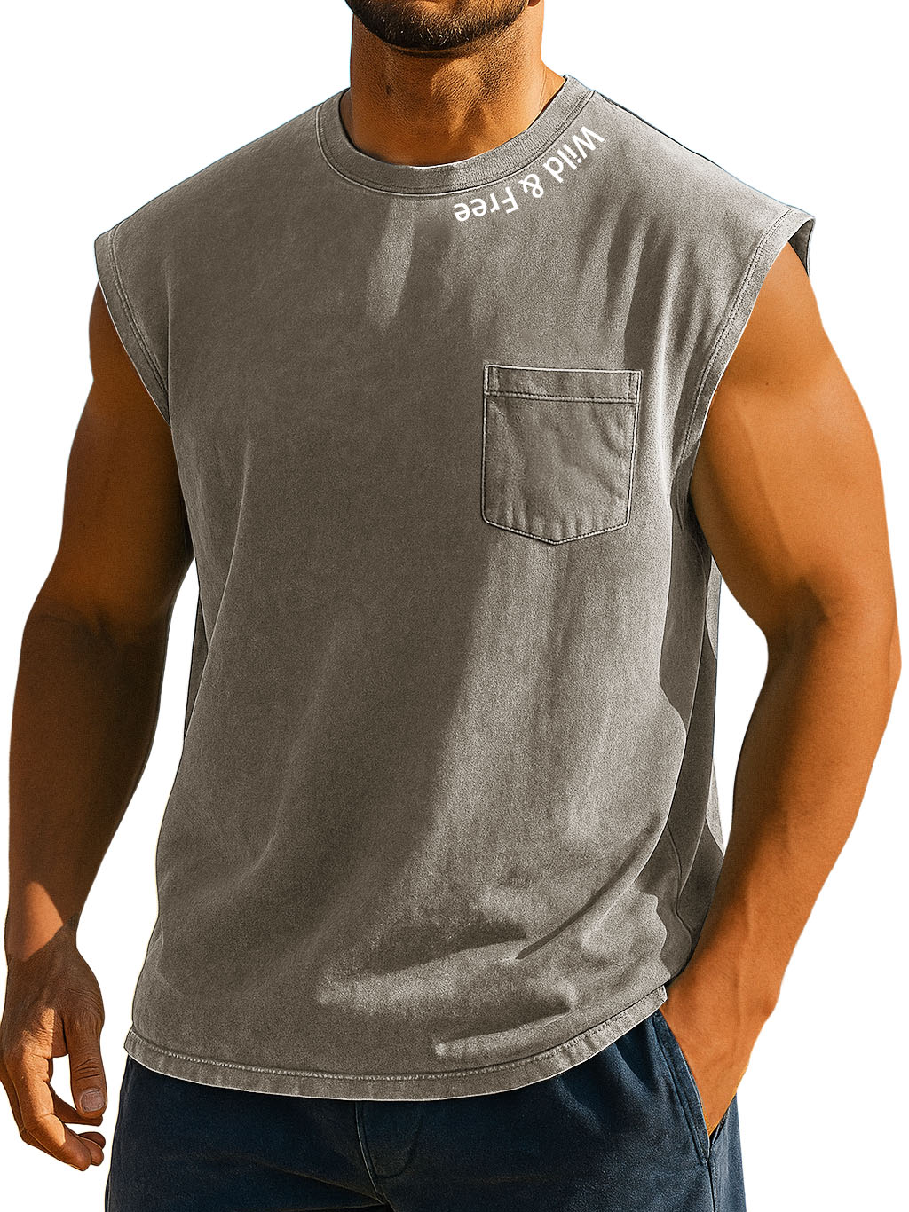 Men's Stylish Retro Distressed Pocket Wild And Liberty Print Sleeveless Top