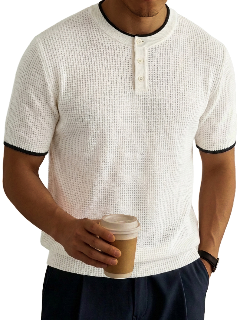 Color-Block Waffle-Knit Basic Casual Henley Shirt