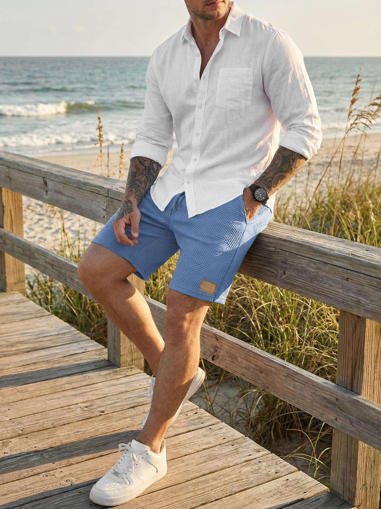 Textured Fabric Elastic-Waist Casual Shorts