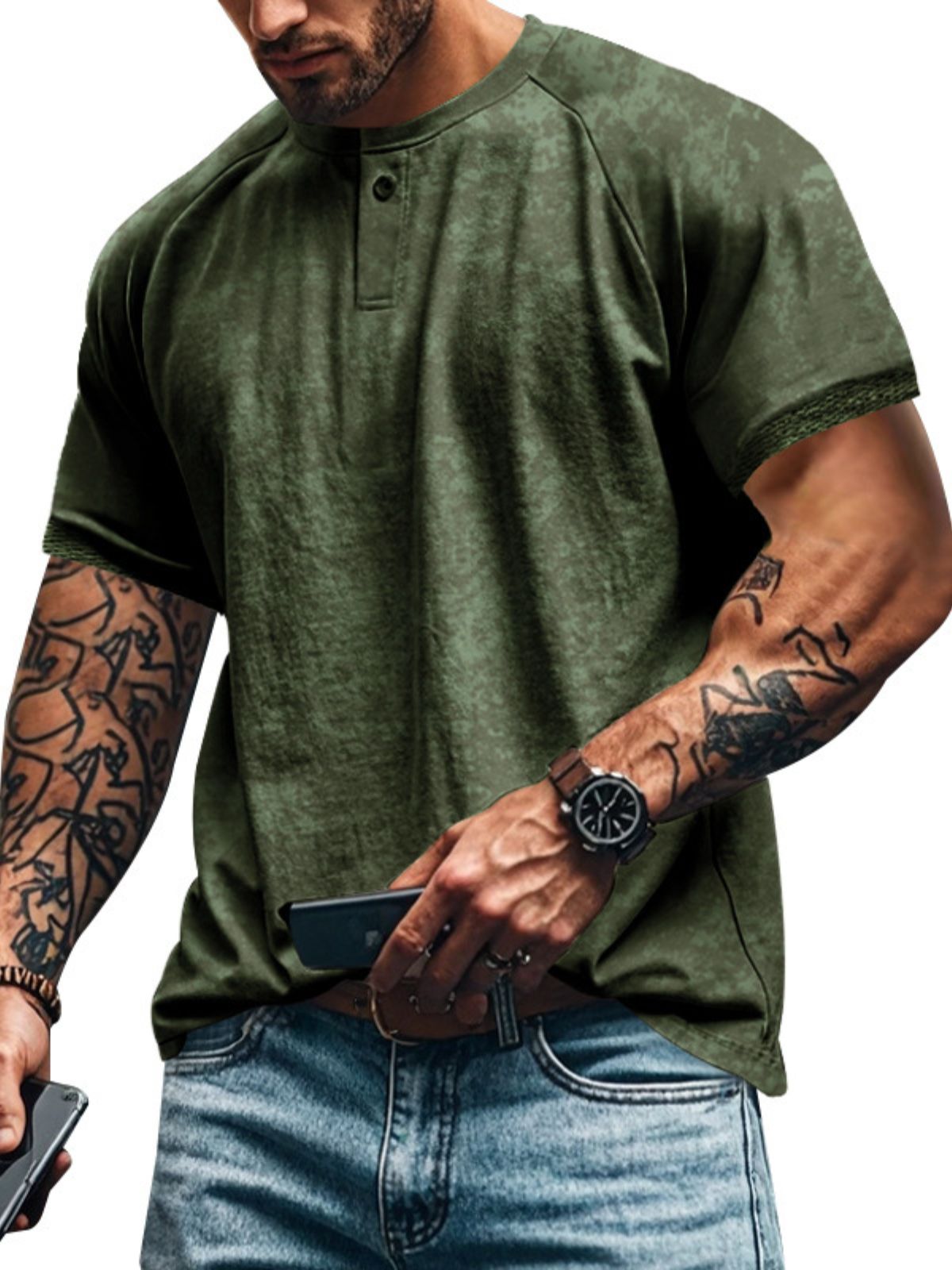 Men's Vintage Raglan Sleeve Henry Distressed Short Sleeve T-Shirt