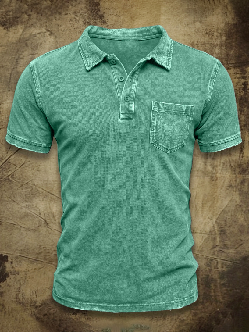 Men's Vintage Washed & Distressed Cotton Pocket Polo Shirt