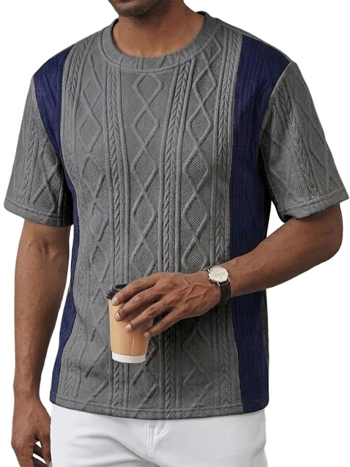 Men's Color Block Jacquard Textured Pullover Crew Neck T-Shirt