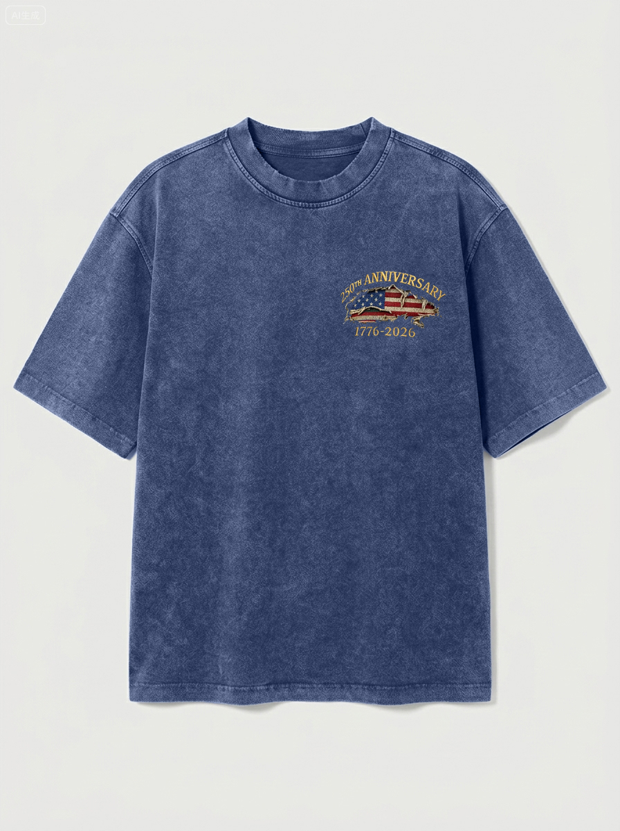 100% Cotton Vintage Washed & Distressed USA 250th Anniversary Crew Neck Short-Sleeve T-Shirt