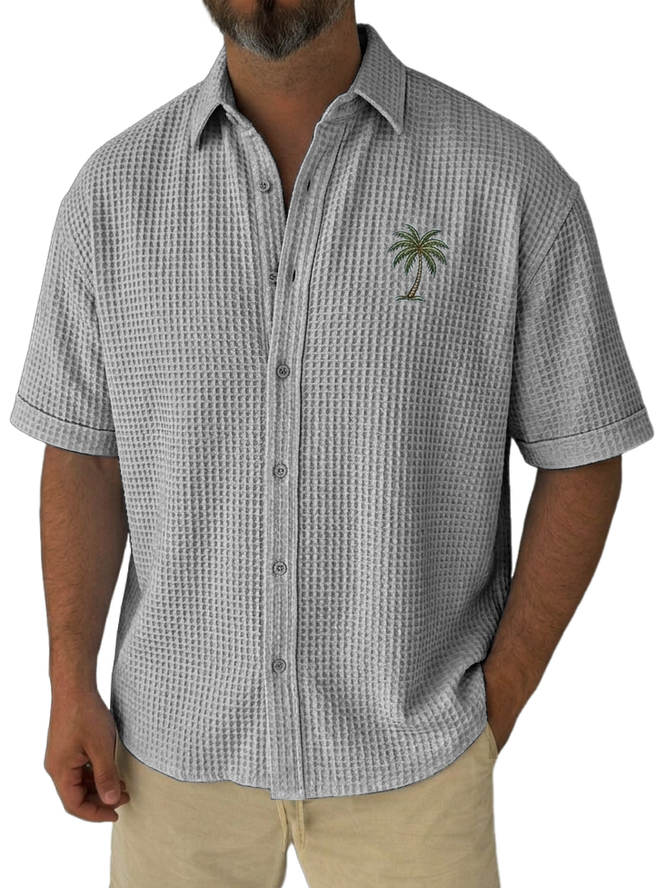 Men's Simple Casual Loose Fit Waffle-Knit Short Sleeve Shirt with Palm Tree Pattern