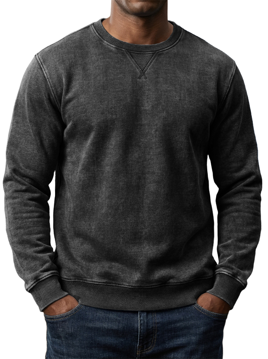 Men's Washed and Distressed Cotton Retro Crew Neck Long-Sleeve Sweatshirt
