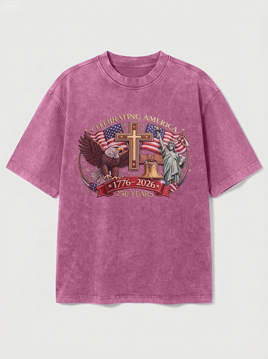 100% Cotton Vintage Washed & Distressed USA 250th Anniversary Crew Neck Short-Sleeve T-Shirt