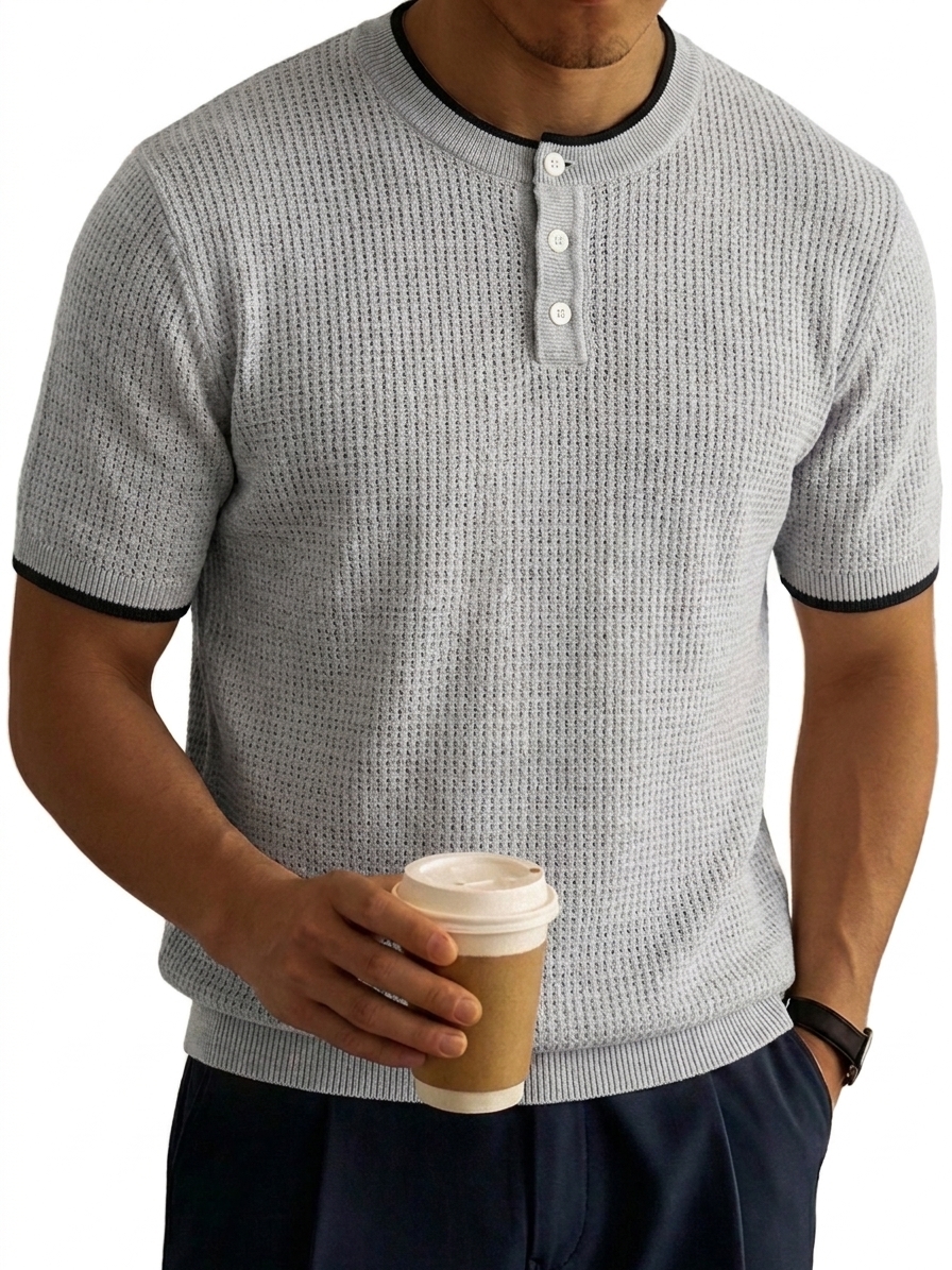 Color-Block Waffle-Knit Basic Casual Henley Shirt