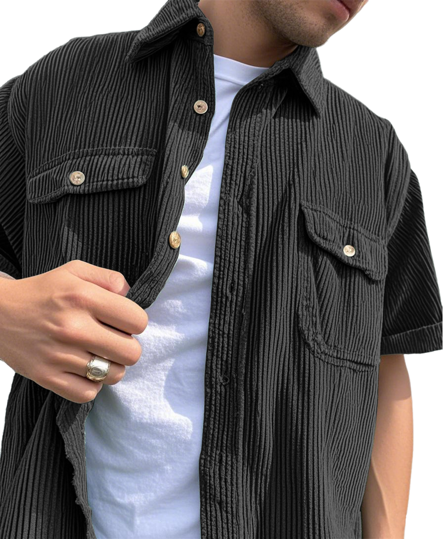 Men's Fashion Double-pocket Retro Corduroy Workwear Casual Short-sleeved Shirt