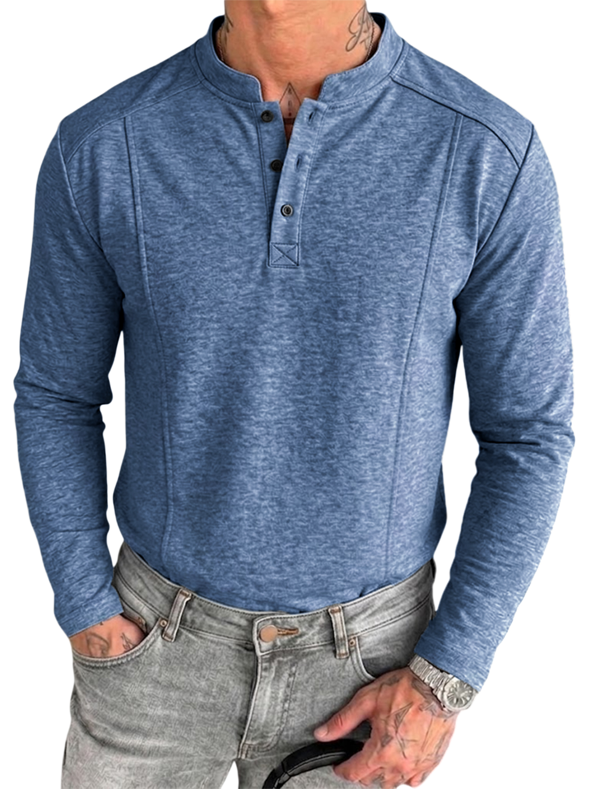 Men's Retro Textured Deconstructed Long-Sleeve Pullover Henley Shirt