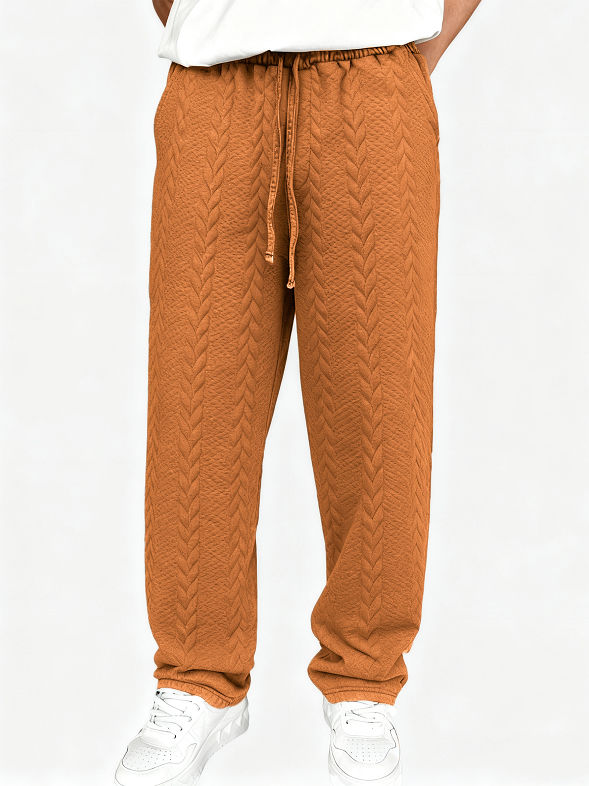 Men's Casual Jacquard Loose Solid Color Drawstring Wide-leg Straight Trousers