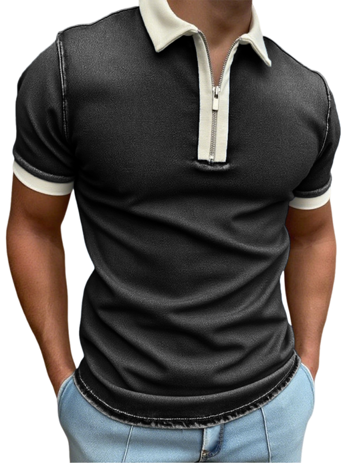 Men's Stylish Distressed Quarter Zip Short Sleeve Lapel Polo Shirt