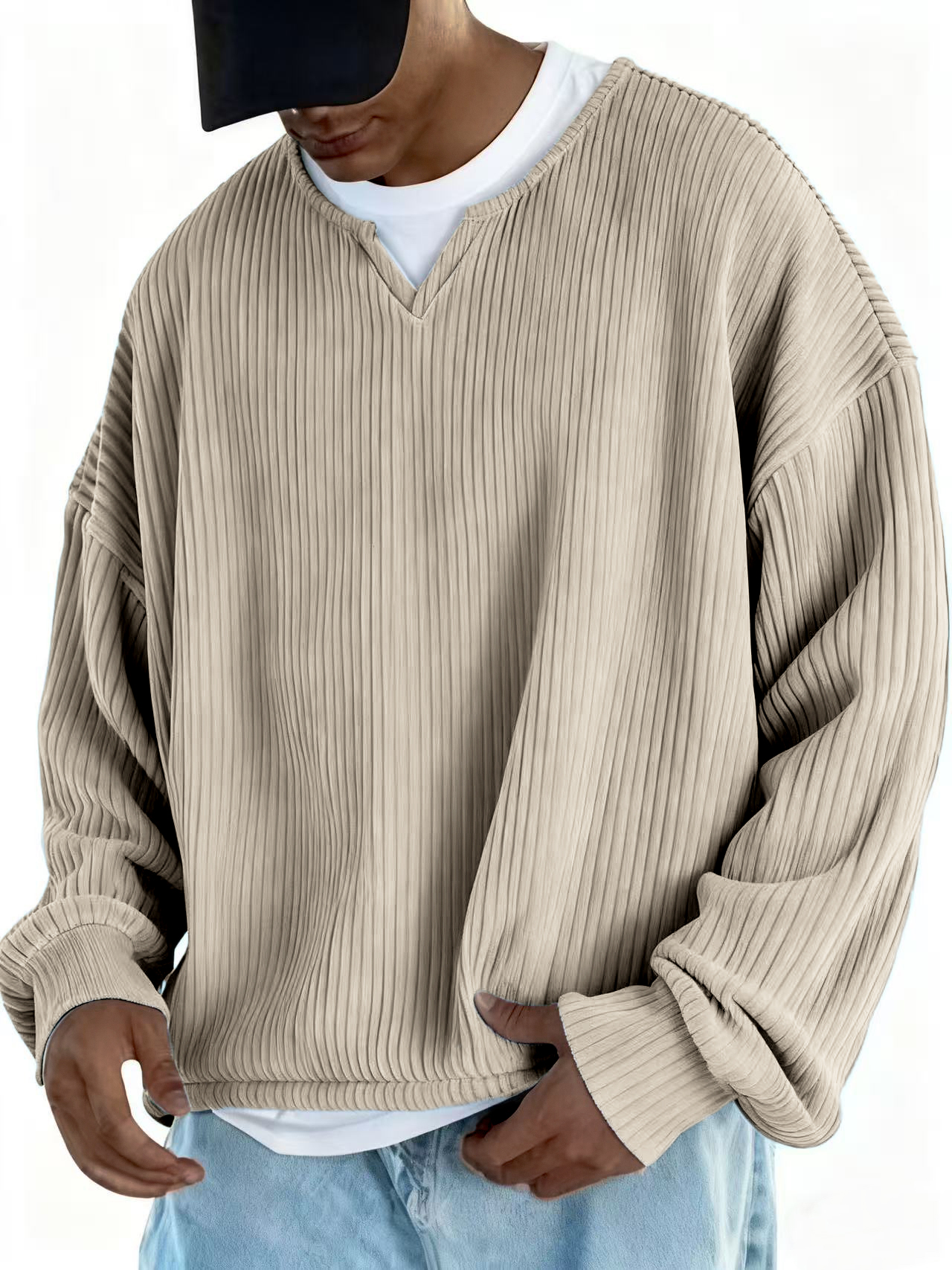Men's V-neck Notch Collar Ribbed Long-sleeved Pullover
