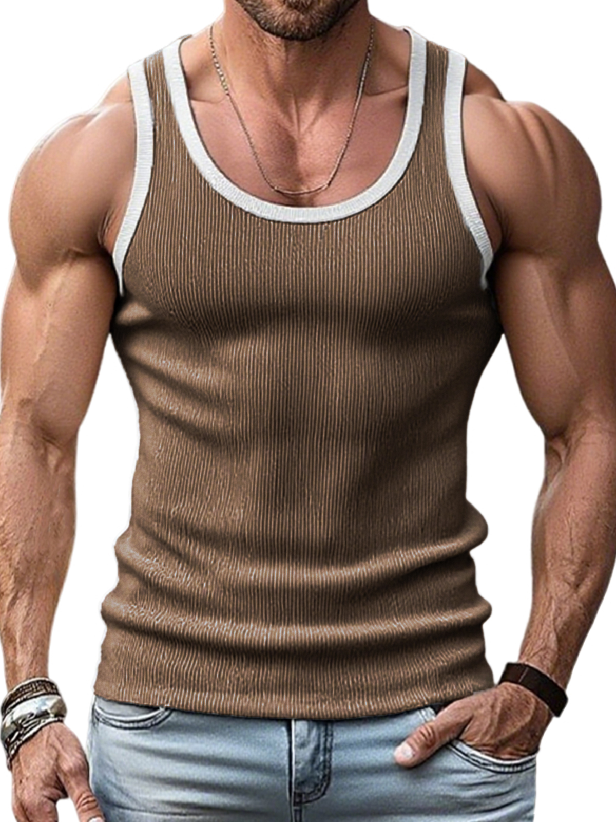 Men's Stylish Ribbed Contrast Color Sleeveless Sports Fitness Vest