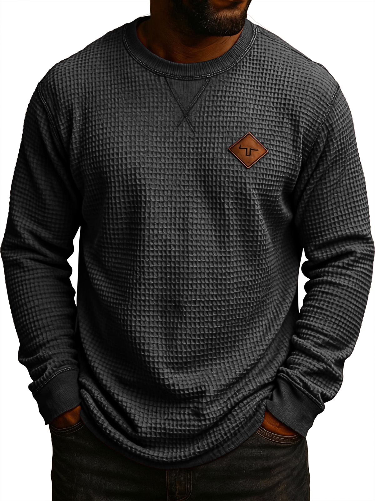 Men's Vintage Workwear Waffle Knit Embroidered Logo Crew Neck Long-Sleeve T-Shirt