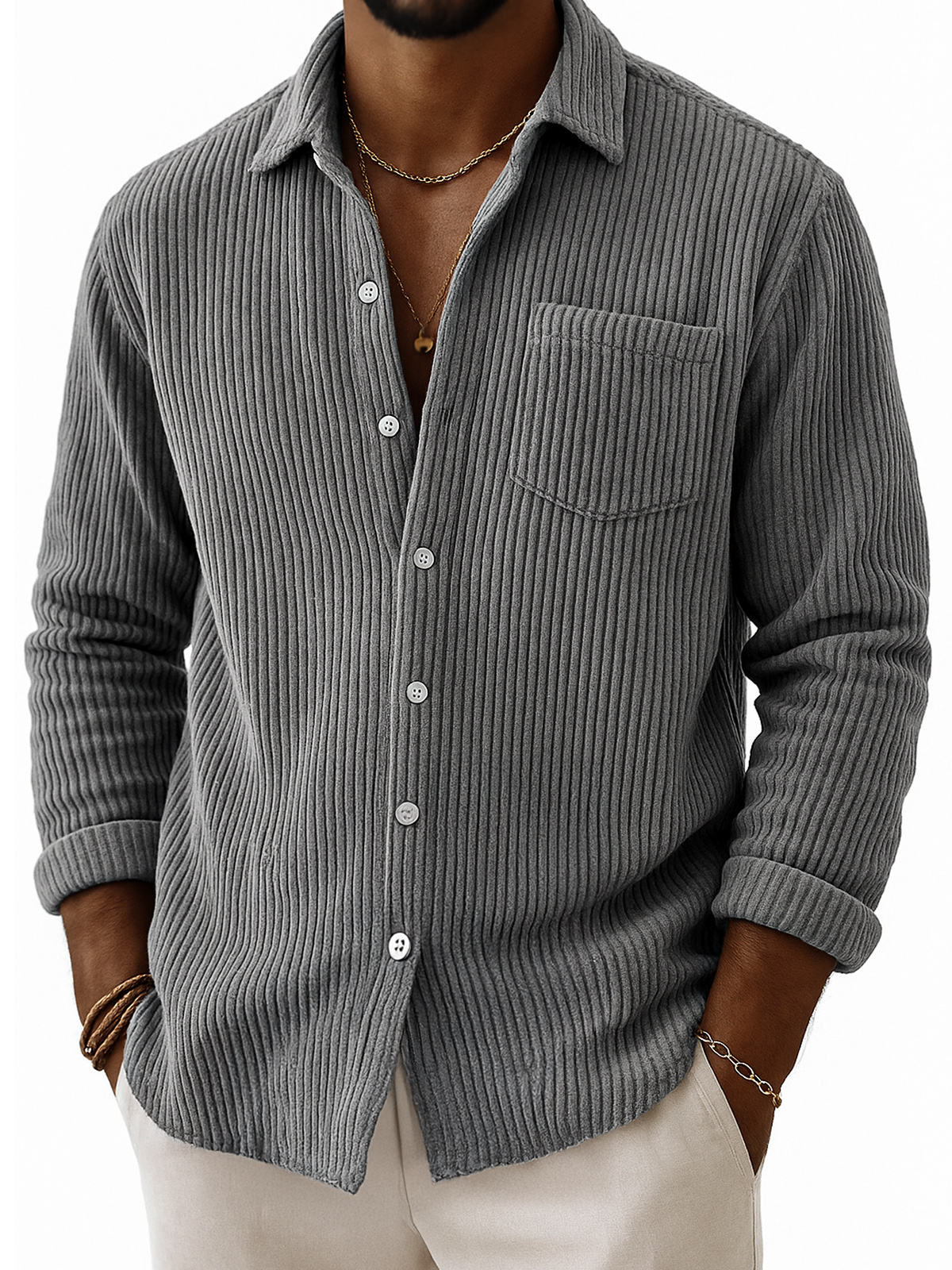 Men's Stylish Corduroy Ribbed Long-Sleeve Shirt with Chest Pocket