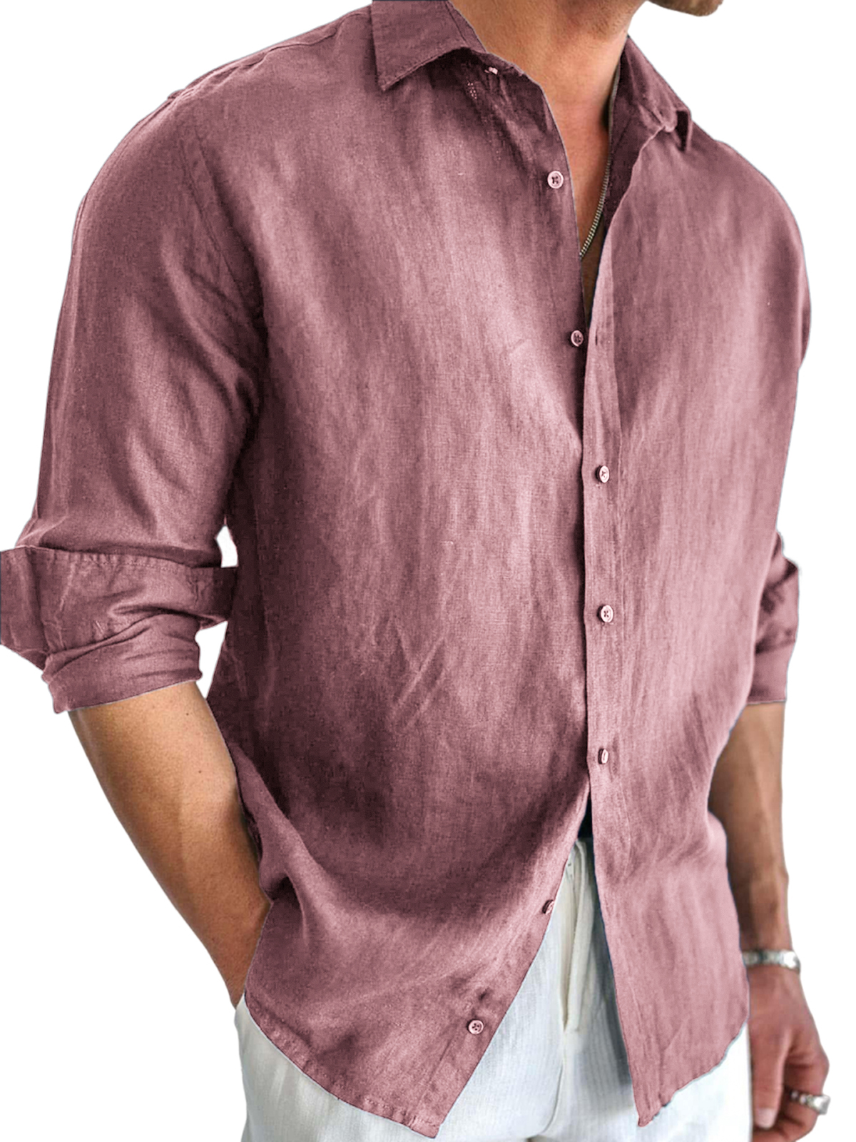 Men's Basic Cotton and Linen Long Sleeve Lapel Loose Button-down Cardigan Shirt