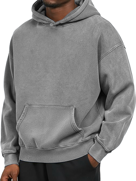 Men's 100% Cotton Washed And Distressed Vintage Casual Pocket Hooded Sweatshirt