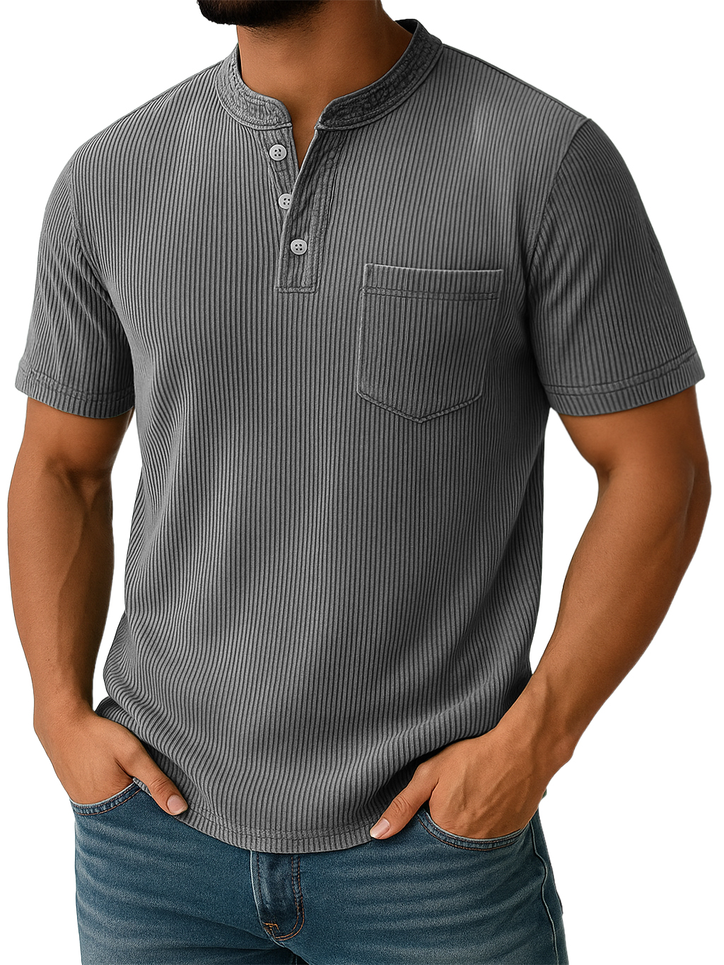 Men's Retro Stand-up Collar Ribbed Texture Vertical Stripe Pocket Casual T-shirt