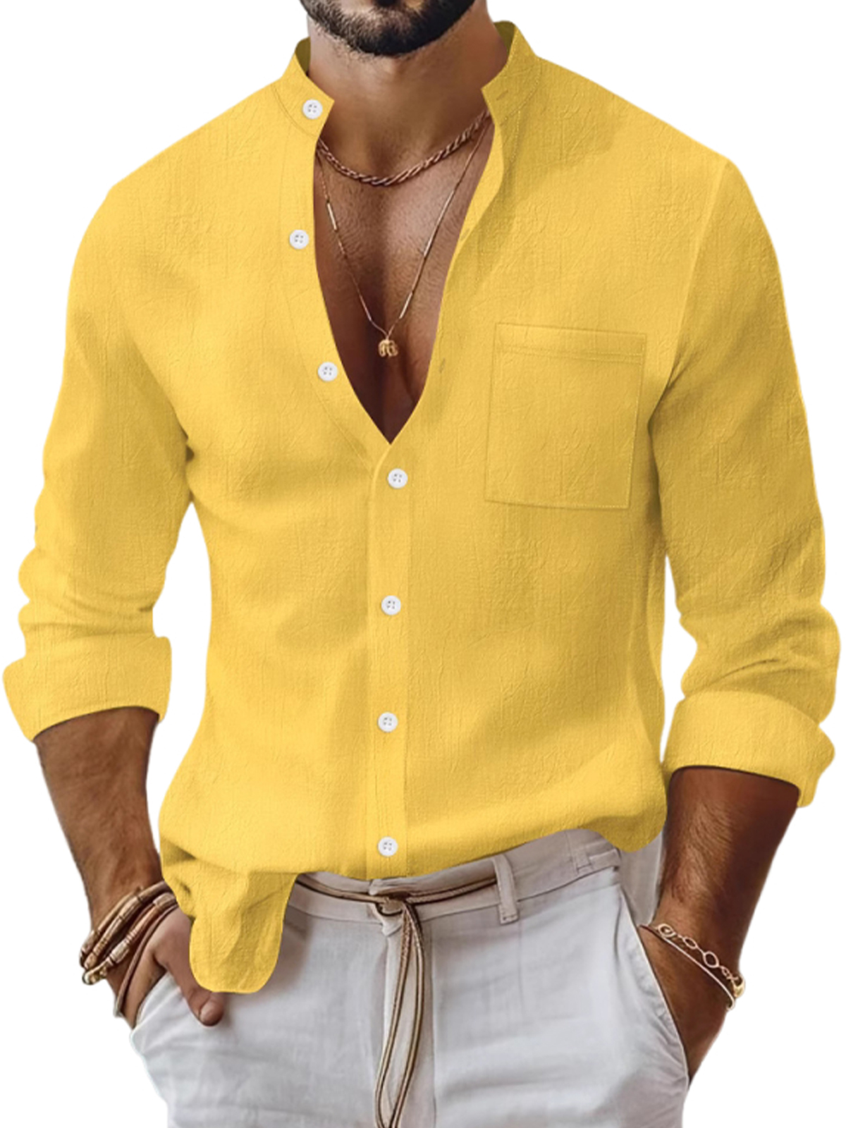 Men's Cotton Resort Stand Collar Casual Long Sleeve Shirt With Chest Pocket