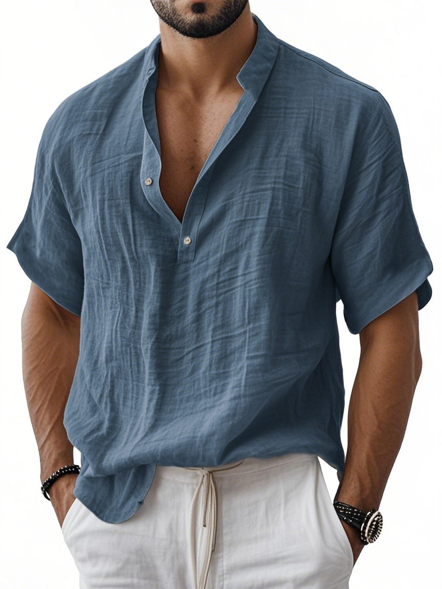 Men's Breathable Linen Henley Button Short Sleeve T-Shirt Henley Shirt