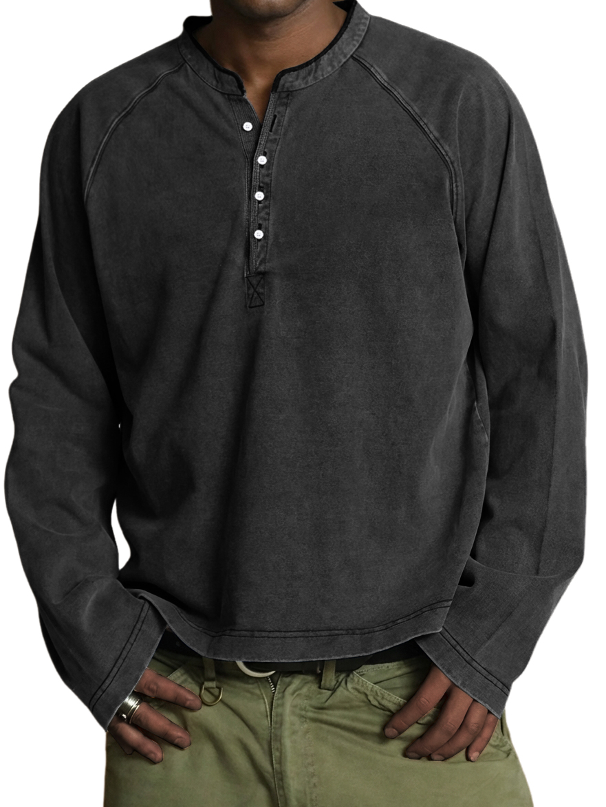 Men's Vintage Washed Cotton Henley Long-Sleeve T-Shirt