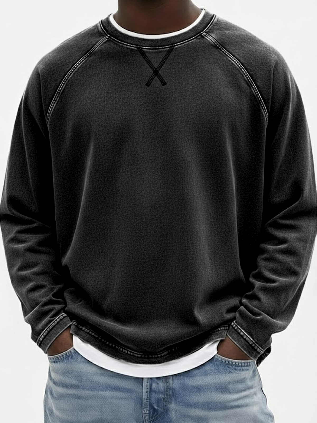 Men's Vintage Dyed Raglan Embroidered Patchwork Pullover Casual T-Shirt