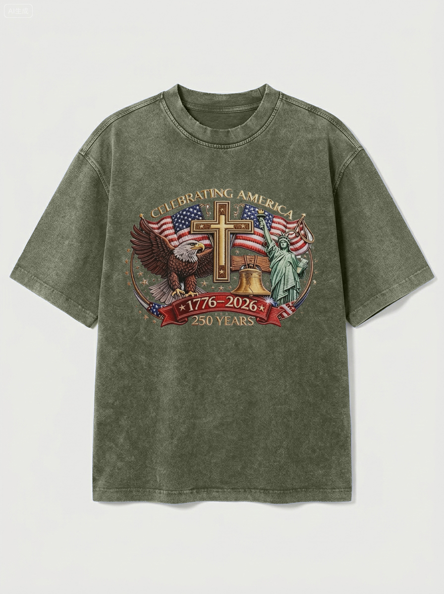 100% Cotton Vintage Washed & Distressed USA 250th Anniversary Crew Neck Short-Sleeve T-Shirt