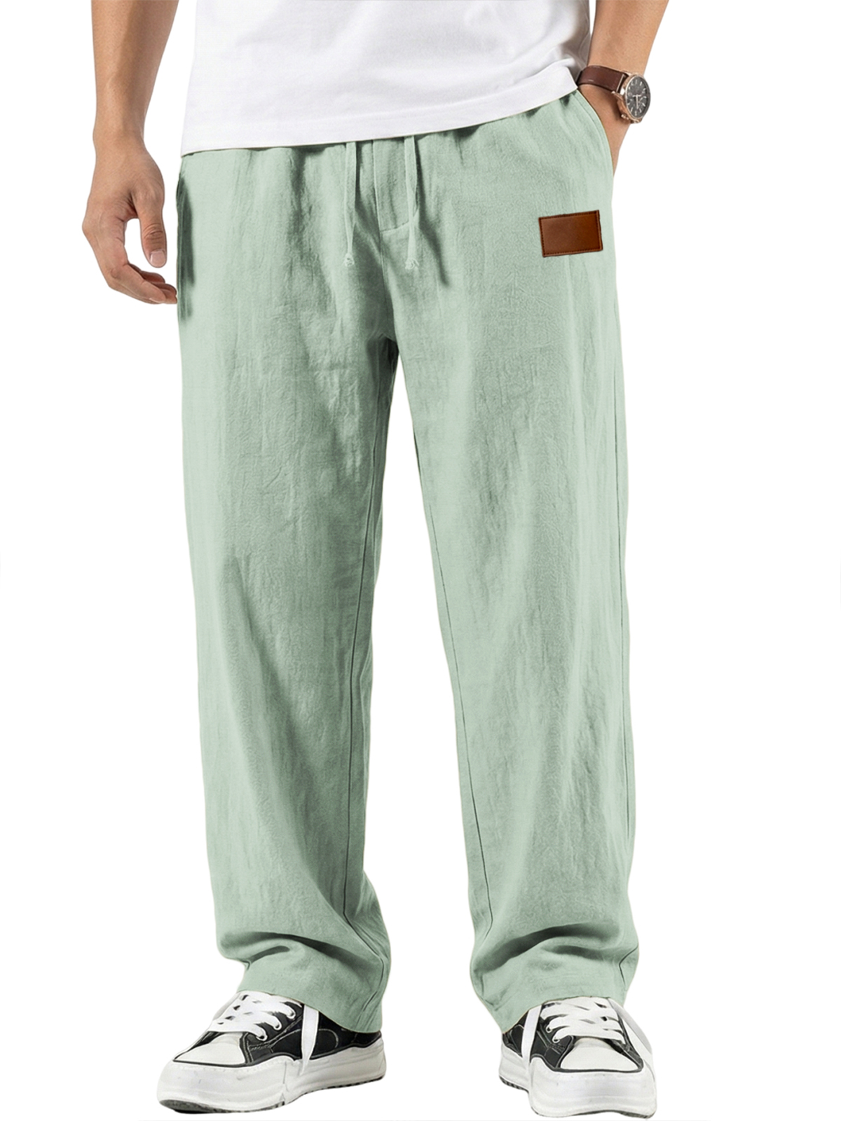 Men's Comfort Cotton-linen Breathable Pants with Embroidered Leather Labels