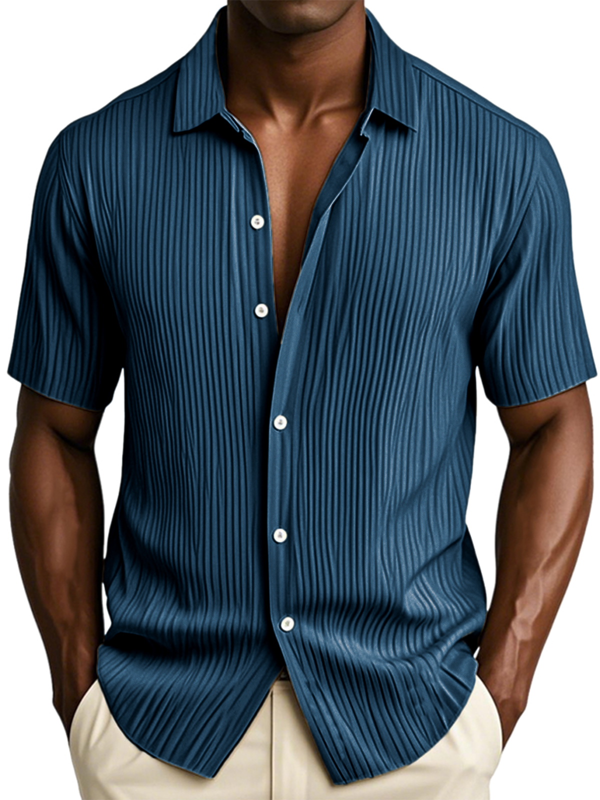 Men's Textured Vertical Striped Ice Silk Ripped Casual Button-down Short-sleeved Shirt