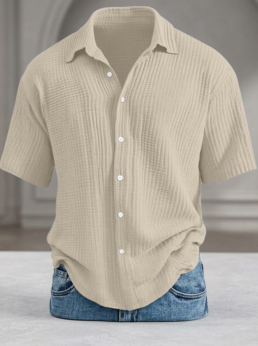 Men's Casual Loose-Fit Textured Short-Sleeve Shirt