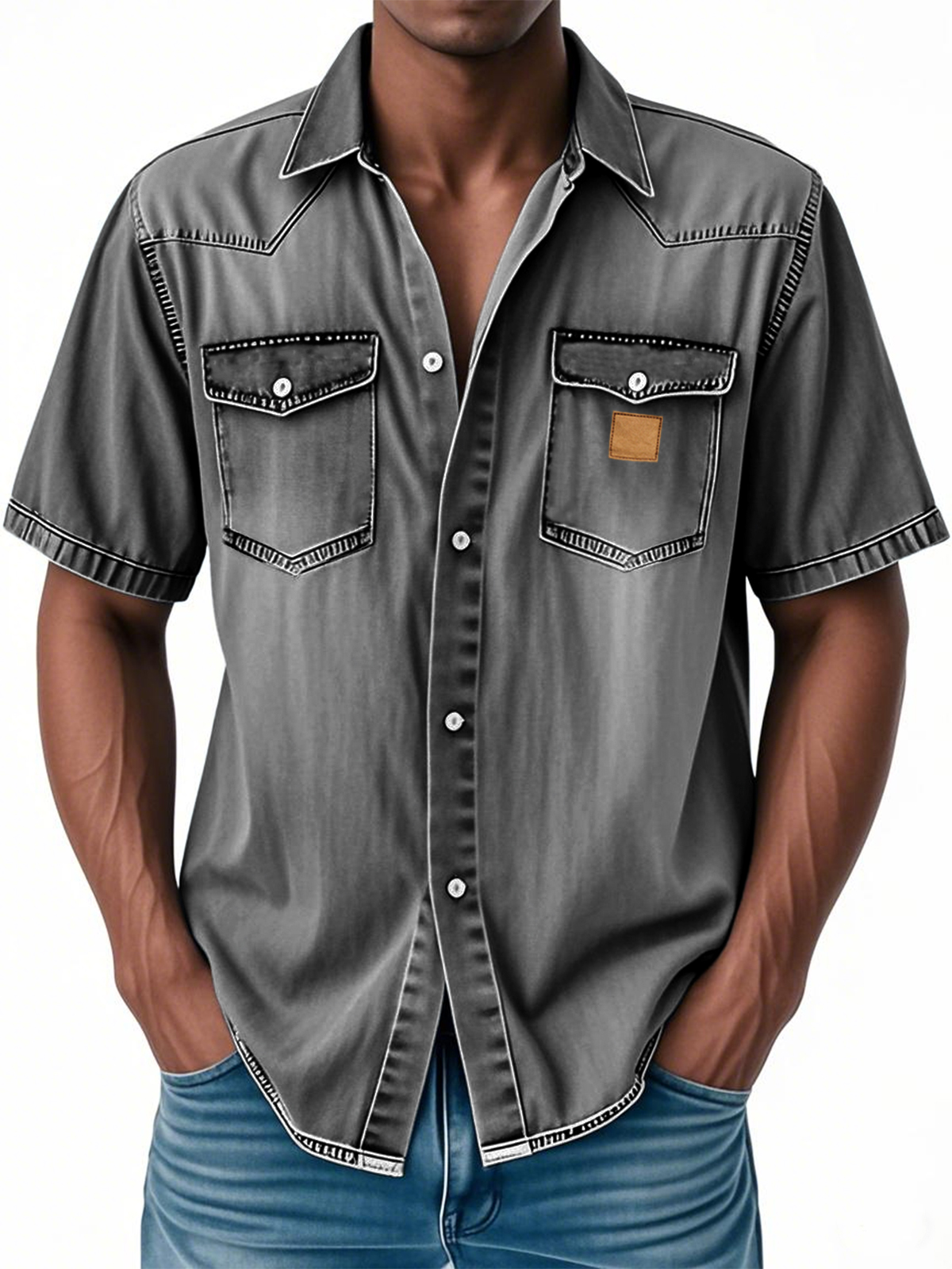 Men's Retro Western Embroidered Multi-Pocket Button Casual Short Sleeve Shirt